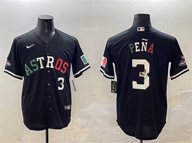 Men%27s Houston Astros #3 Jeremy Pena Black Mexico With World Serise Champions Patch Cool Base Stitched Jersey